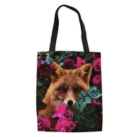 new floral fox printing foldable ladies shopping bags woman canvas storage grocery bag reusable eco friendly bag handtas