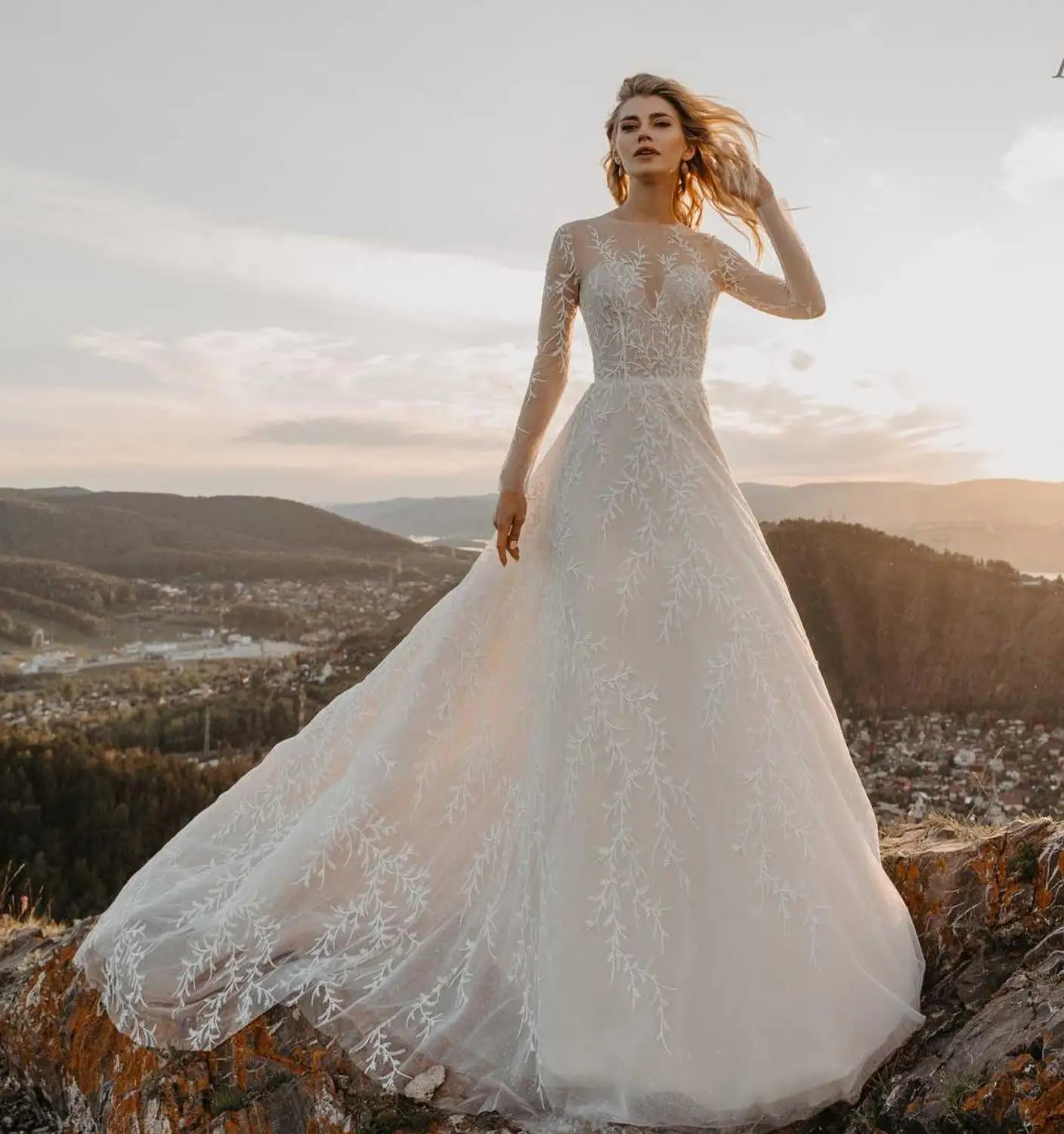 Шикарное кружевное свадебное платье А-силуэт длинный рукав тюль Vestido De Noiva богемные свадебные платья