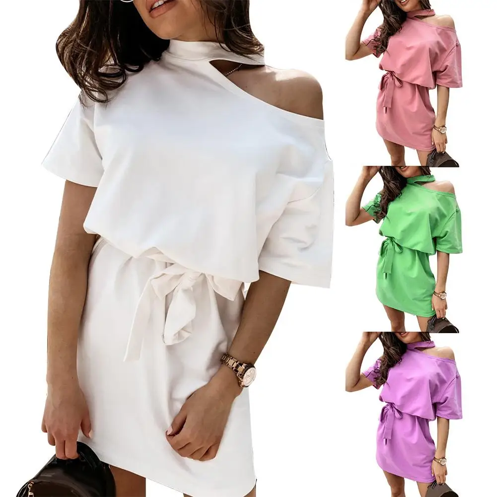 

New Women Stylish Solid Color Halter One Shoulder Short Sleeve Waist Belt Mini Dress 2020 Fashion Plus Size S-2XL Dress For Wome