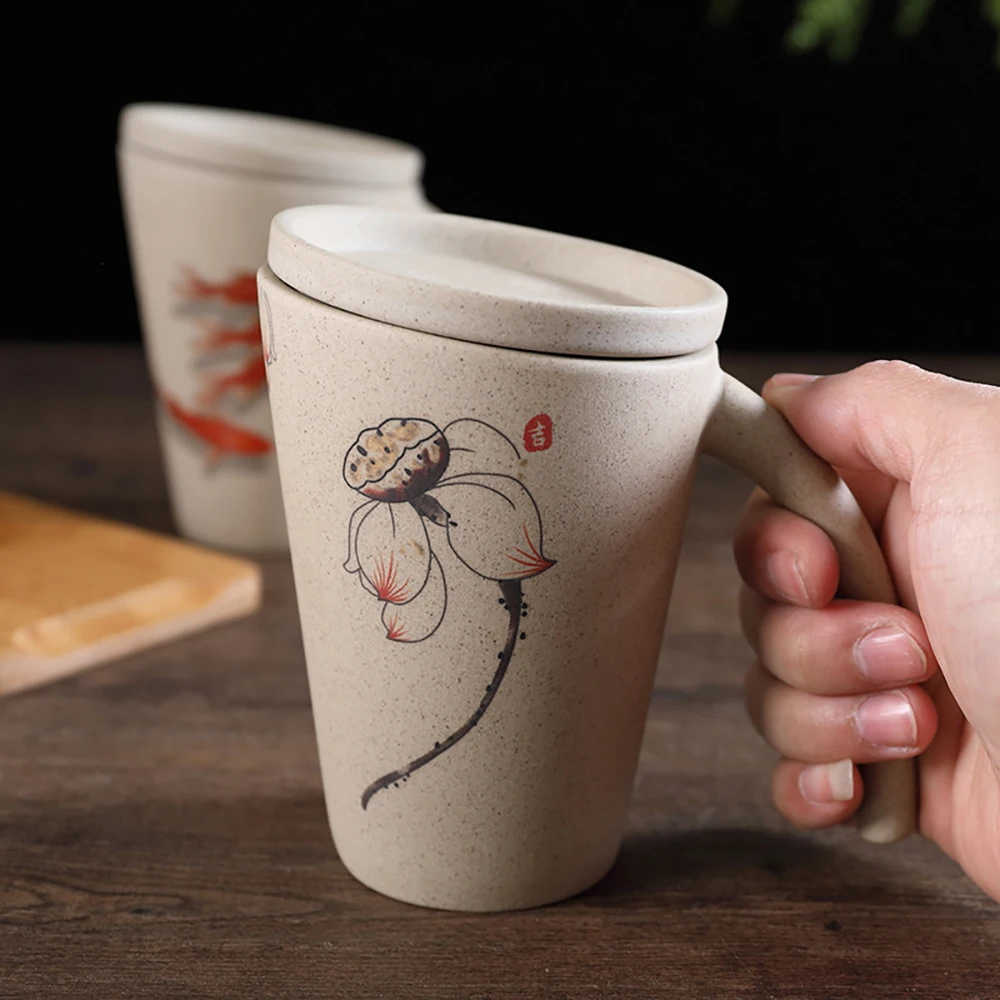 

Retro Pottery Tea Cup Unique Traditional Chinese Retro Style Ceramic Cup, 350ml Hand-made Breakfast Cup Special Gift for Friends