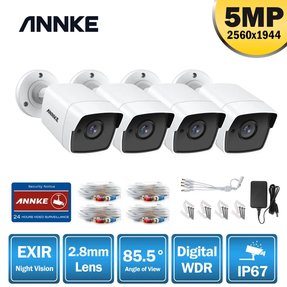 

ANNKE 4pcs 5MP CCTV Cameras IP67 Waterproof Video Surveillance Outdoor Bullet Camera IR Cut Filter Camera Kit 100ft Night Vision