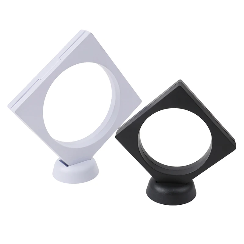 

7*7*2cm Black White Plastic Suspended Floating Display Case Pet Membrane Stand Holder Box Earring Coin Gems Ring Jewelry Storage