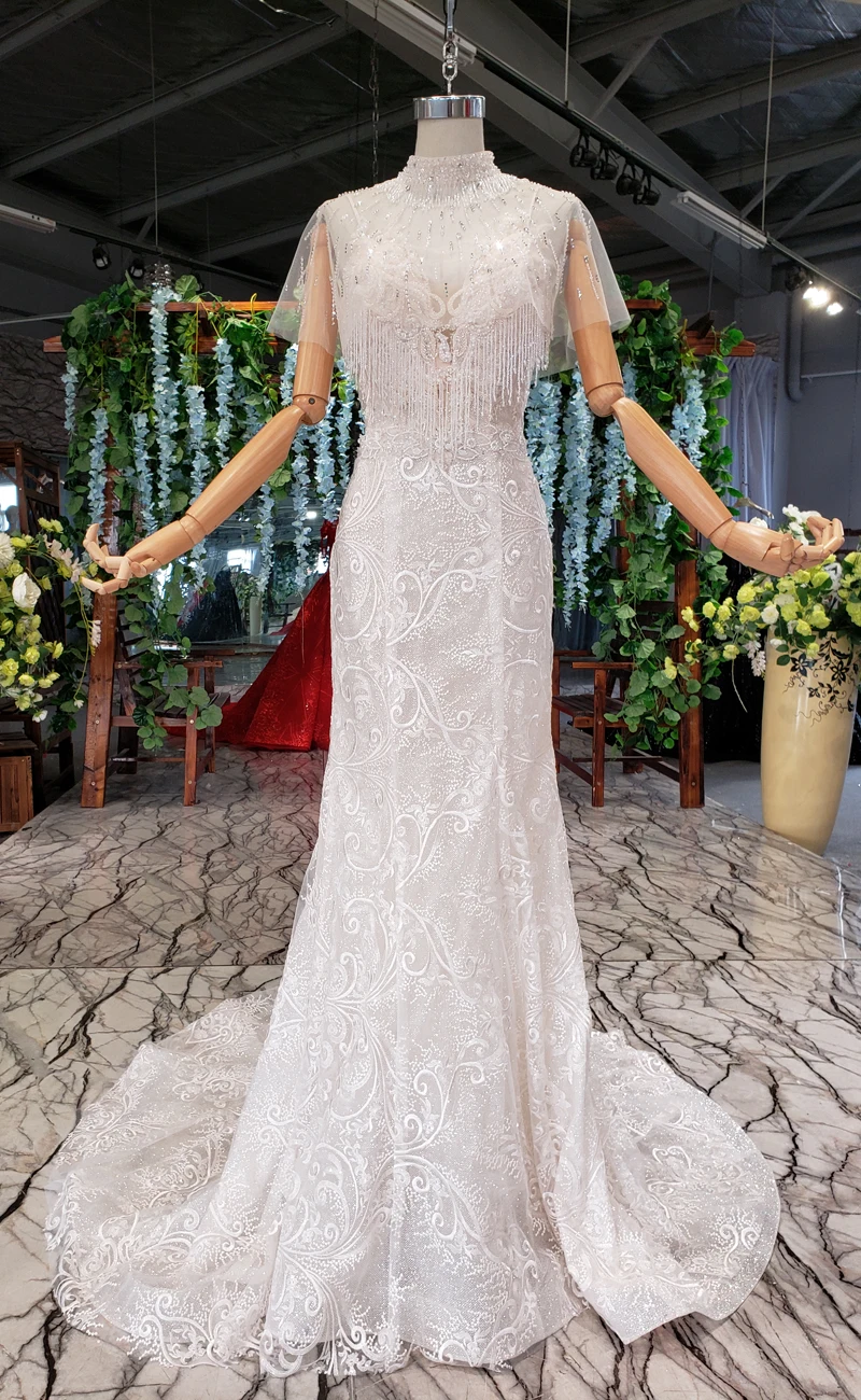 

Sexy Mermaid Lace Wedding Dresses Detachable Puffy Skirt 2019 Custom Made Capes V Neck Bridal Wedding Gowns Crystals Bride Dress