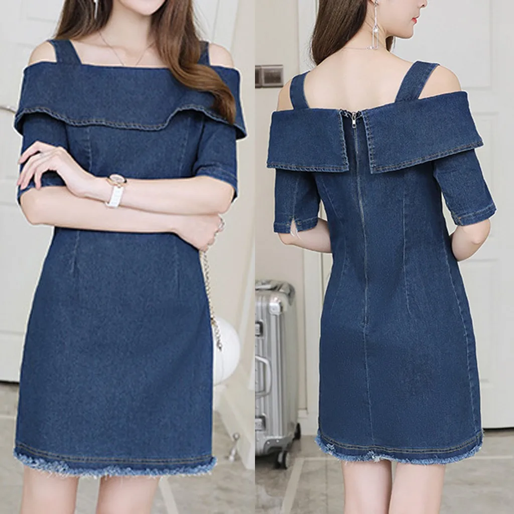 

58# Fashion Women Pure Color Off Shoulder Short Sleeve Knee Length Camisole Dress Vintage Sexy Bohemian Dress College Style