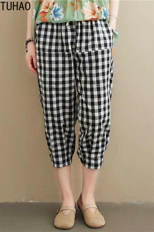 

TUHAO 2020 Summer Plus Size Loose Cropped Trousers Woman Vintage Plaid Pant Elastic Waist Cotton Linen Casual Pants WM24