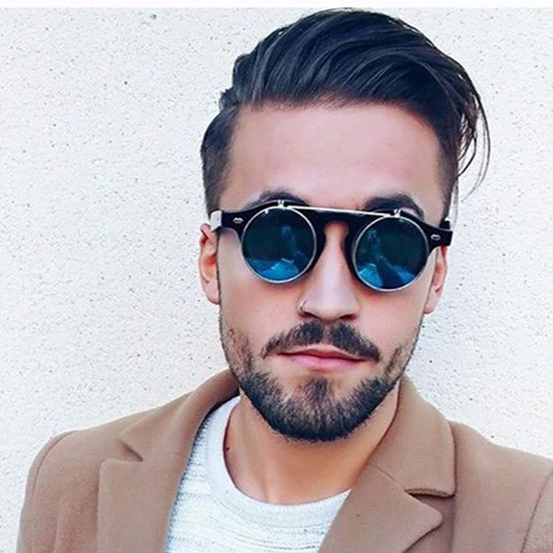 

2020 Fashion Vintage Round SteamPunk Flip Up Sunglasses Classic Double Layer Clamshell Design Sun Glasses Oculos De Sol