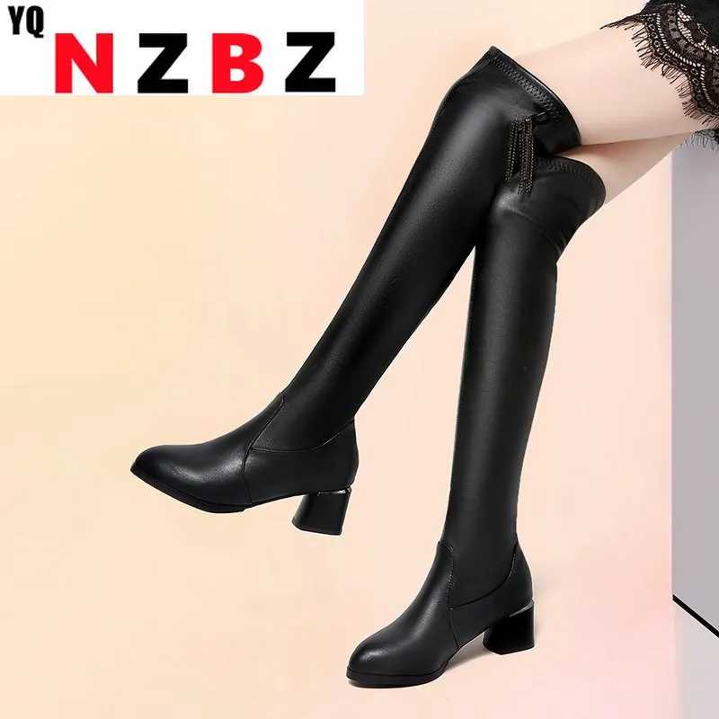 

2022 Elegant Lace Up Over The Knee Boots Women Boots Winter PU Leather Women Shoes Pointed Toe Fashion Boots Size