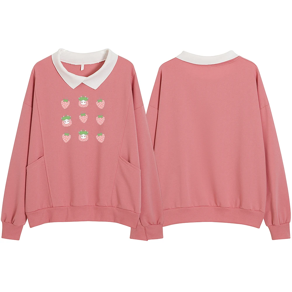 Pink Strawberry Sweatshirt 90's Aesthetic Tops Turn-down Collar Hoodies Women Cute for Friends Loose Pocket Korean Sweetshirts