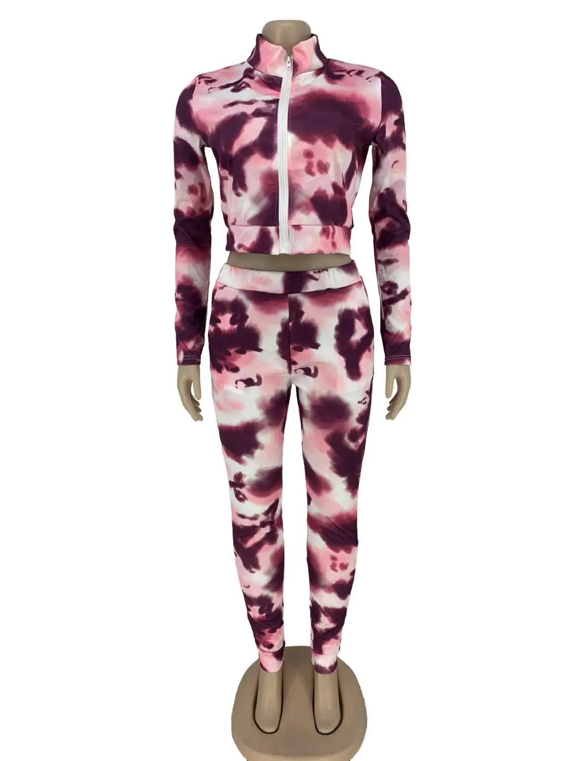 

Casual Tie Dye Print Tracksuit Women Activewear Sport Turtleneck Long Sleeve Zipper Crop Top + Sweatpants Two Piece Set Outfits