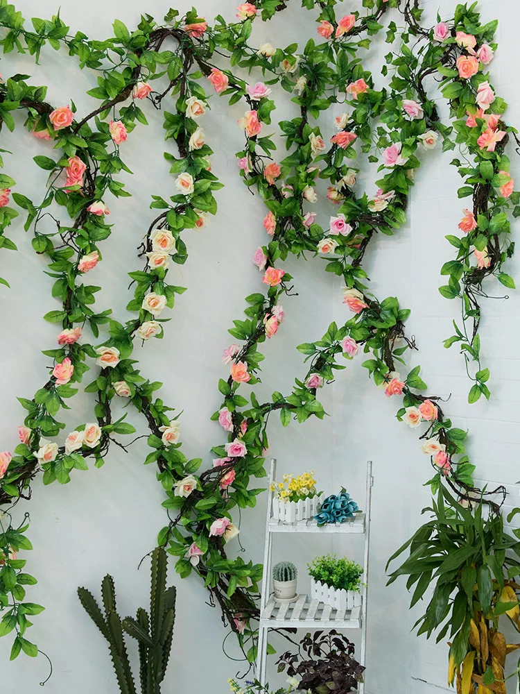 

2pcs/Lot Silk Roses Ivy Vine Artificial Flowers Fake Green Plants Garland Home DIY Wedding Garden Decoration Wall Hanging Rattan