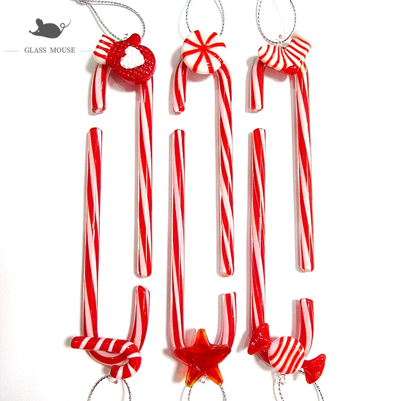 

6pcs Custom handmade murano glass Christmas crutch Hanging ornaments Christmas Tree Decor Pendant Charms New Year gifts for kids