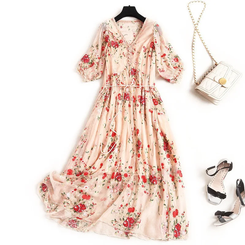 

2020 Summer V-neck Half Lantern Sleeve Women High End Embroidery Floral European Vintage 100% Mulberry Silk Chiffon Long Dress