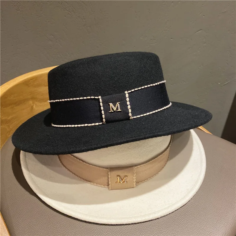 

French Black Cloth Cap flat-topped Wool Hat Women British Socialite Autumn Sir Wide Brim Hat Tide Restoring Ancient Ways