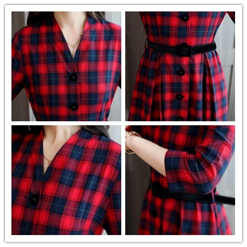 

Plaid Dress For Women Red Maxi Dresses Autumn Ladies Dresses Vestidos De Fiesta De Noche V-neck Sashes Korean Dress Robe Femme