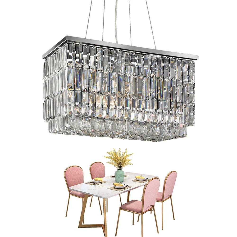 

Modern Minimalist Clear Crystal Linear Chandelier Light LED Rectangular 2 Tiers Decorative Hanging Lamp for Living Dining Room