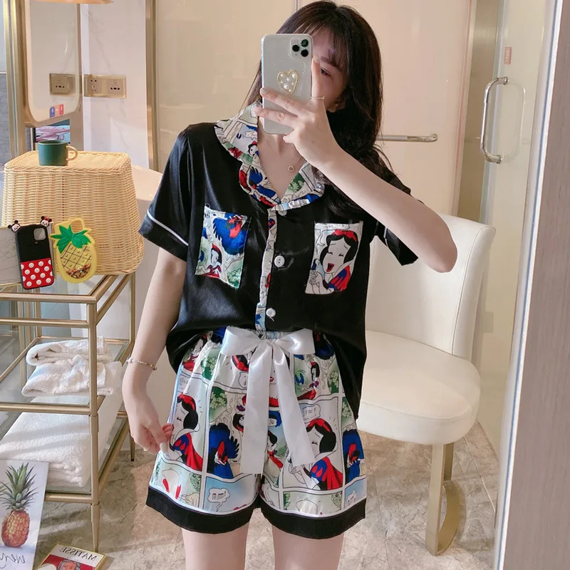 

Japanese summer couple pajamas suit cotton crepe ladies solid color simple short-sleeved shirt shorts pajamas men's home service