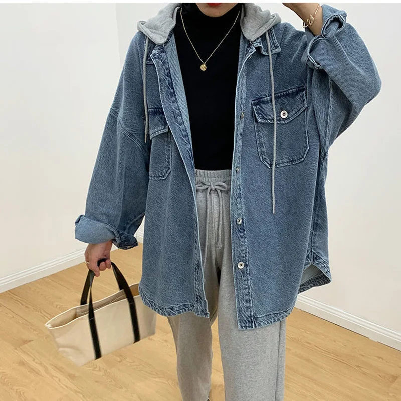 

Denim Jacket Women'S Hooded Long-Sleeved Spring And Autumn New Style Loose Korean Mid-Length Top
