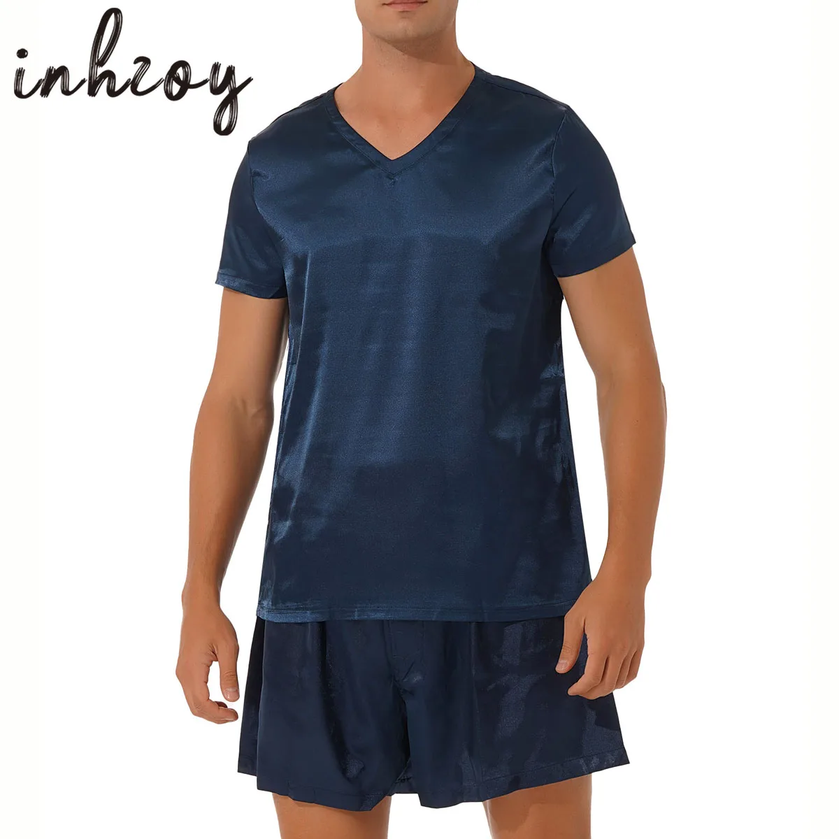 

Men's Silk Satin Pajamas Set Short Sleeve Top and Boxer Shorts Sleepwear Loungewear