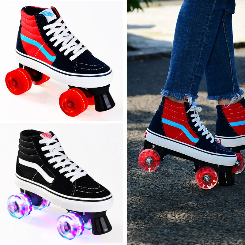 

Double Row Skates Adult Men's And Women's Two Row Four-wheel Roller Skates Canvas Glittering Roller Skates Adult Fashion