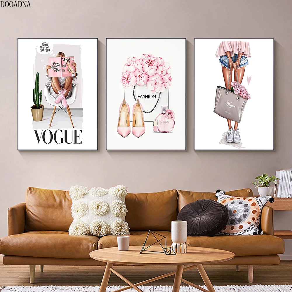 

Pink girl fashion poster flower canvas poster wall art image printing fashion living room room decoration wall frame