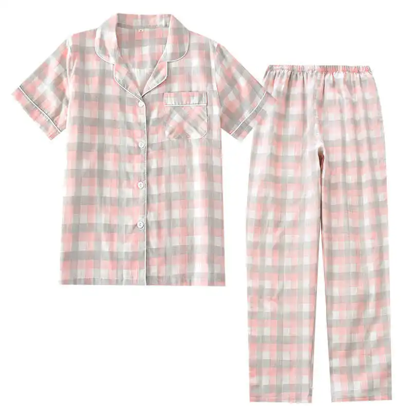 

Summer Style Ladies Plaid Pajamas Cotton Gauze Short-sleeved Trousers Men's Casual Home Service Suit Couple Short-sleeved Shorts