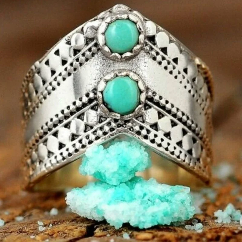 Anillo de plata antigua turquesa para mujer, bohemio, azul, piedra, Pulgar, Chevron