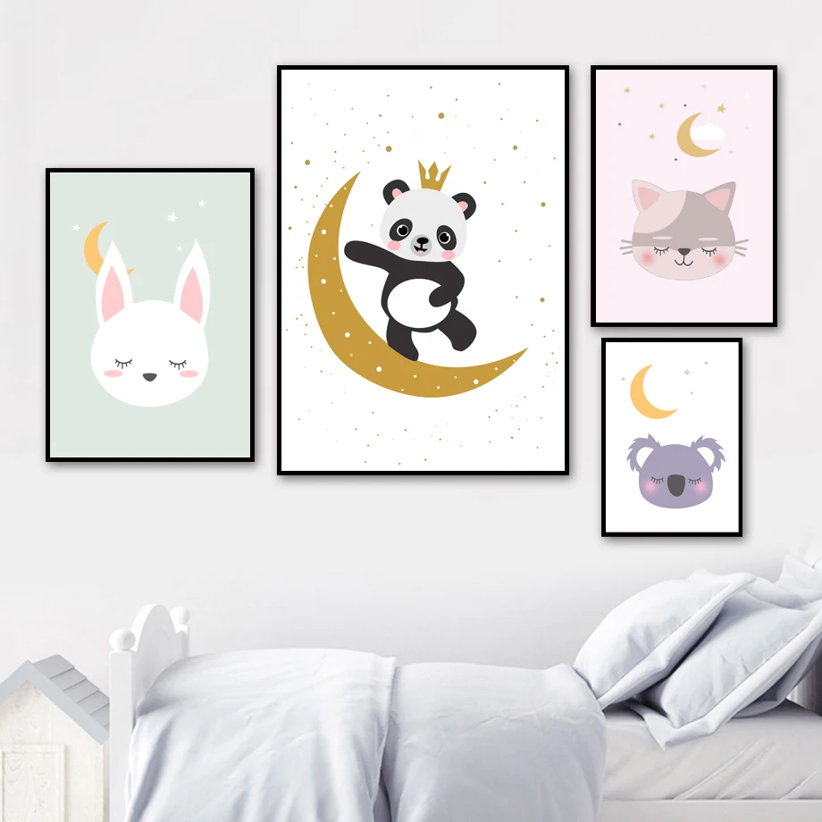 

Cute Cartoon Moon Bunny Panda Koala Cat Animals Nordic Posters And Prints Wall Art Canvas Painting Wall Pictures Kids Room Decor