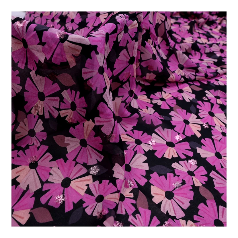 

114cm gold printing 12m pure silk georgette fabric breathable mulberry silk garment dress fabric