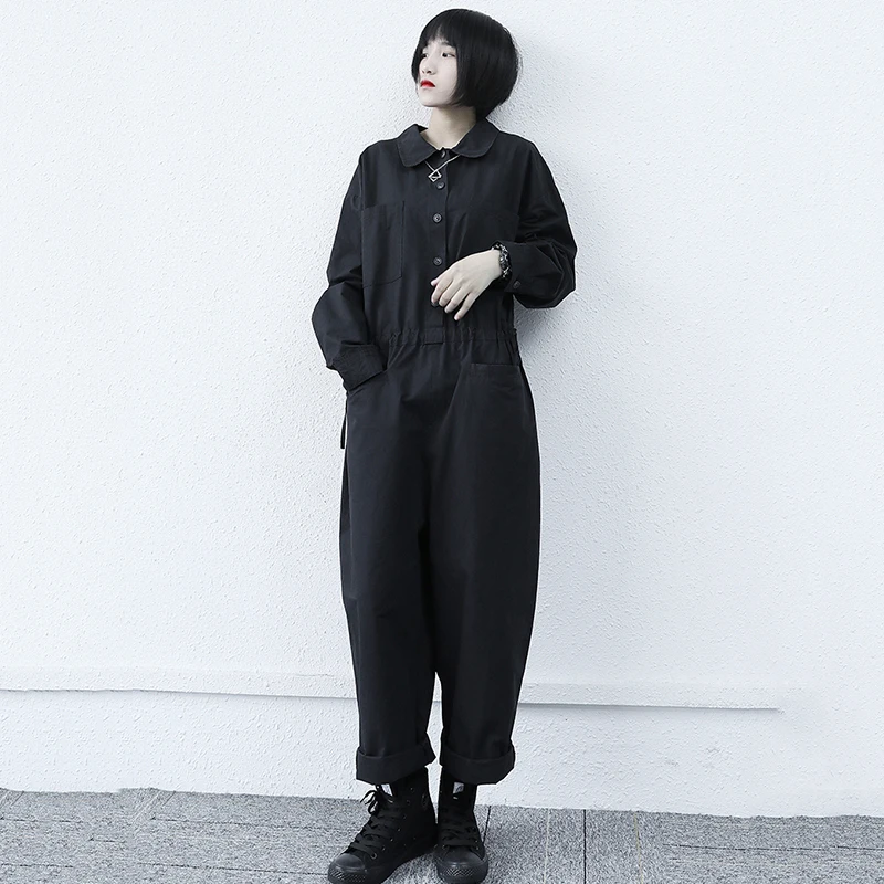 

[EAM] Loose Fit Women Black Pocket Big Size Jumpsuit New High Waist Pocket Stitch Pants Fashion Tide Spring Autumn 2021 1DD6698