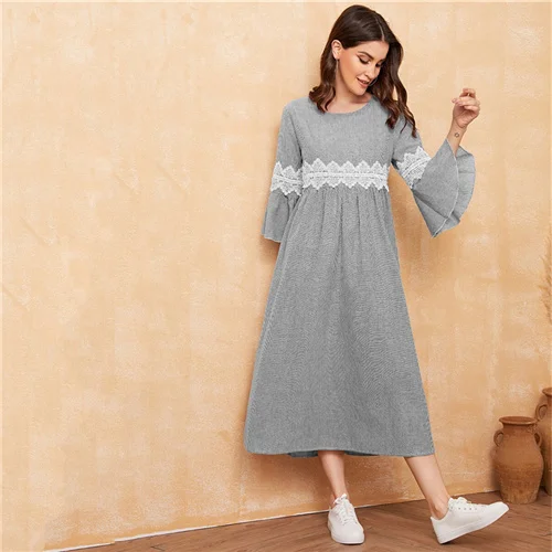 Black and White Dotfashion/повседневное кружевное платье с аппликацией, рукав-волан, женское платье, осень, 3/4, рукав А, ТРАПЕЦИЕВИДНОЕ ПЛАТЬЕ, женское платье в полоску с принтом Макси - Цвет: Black and White