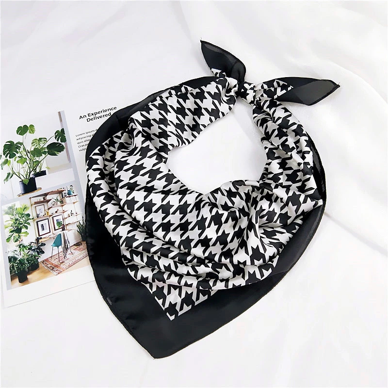 

70*70cm New Classic Houndstooth Scarf For Women Head Bandage Silk-like Sjaal Female Bag Decoration Bandana Female Handkerchief