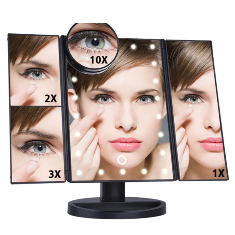 22 LED Black Зеркало для макияжа с светодиодный светильник 1X 2X 3X 10X увеличительное портативное тройное складное настольное косметическое зеркало подсветкой - Цвет: 22 LED Black