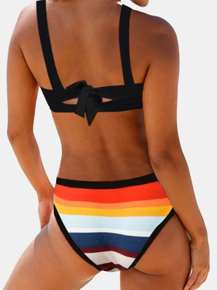

Women Colorful Stripe Print Back String Bikini Backless Swimwear Bathing Suits Striped Swimsuit