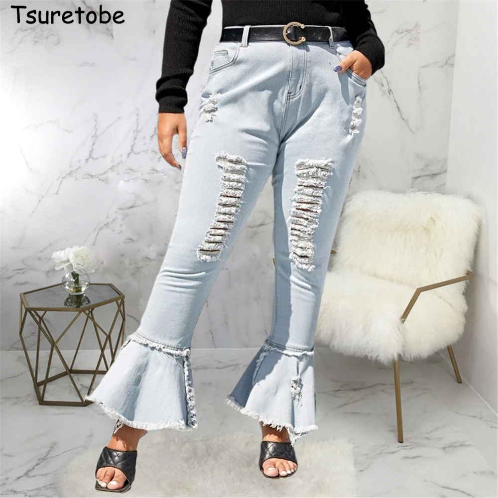 

Tsuretobe размера плюс, из кусков, Рваные джинсы для Для женщин ретро расклешенные джинсы Женщины с высокой талией Высокая Талия расклешенных дж...