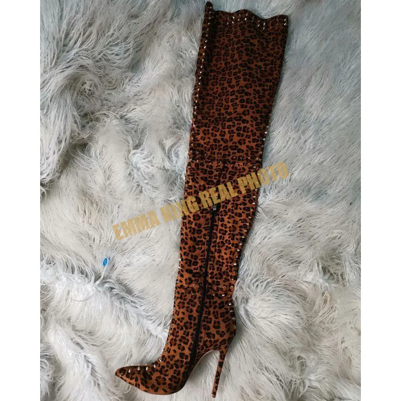 Брендовые новые модные сапоги с заклепками и леопардовым принтом