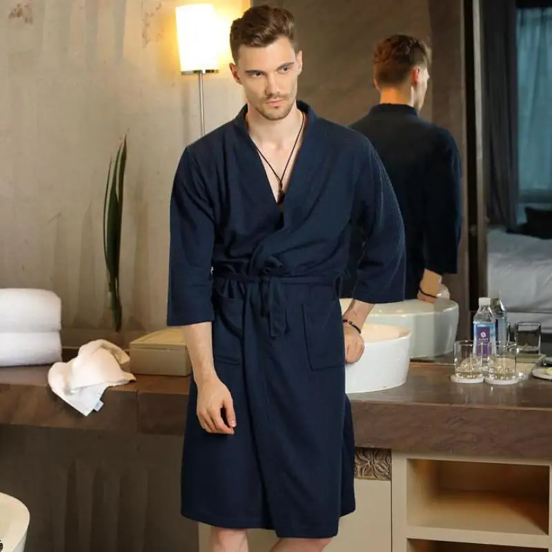 

Waffle Nightwear Men Kimono Bathrobe Gown Loose Sleepwear Intimate Lingerie Autumn Nightgown Sexy V-neck Bathrobe With Belt