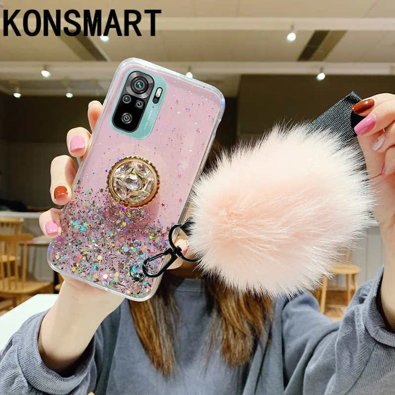 

Силиконовый чехол KONSMART для Xiaomi Mi 11, мягкие прозрачные чехлы для телефонов Mi11 2021, Роскошный Блестящий Модный чехол-накладка с кольцом и ремеш...