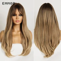 emmor synthetic long natural middle part wig for women fake hair heat resistant brown blonde cosplay wigs with bangs