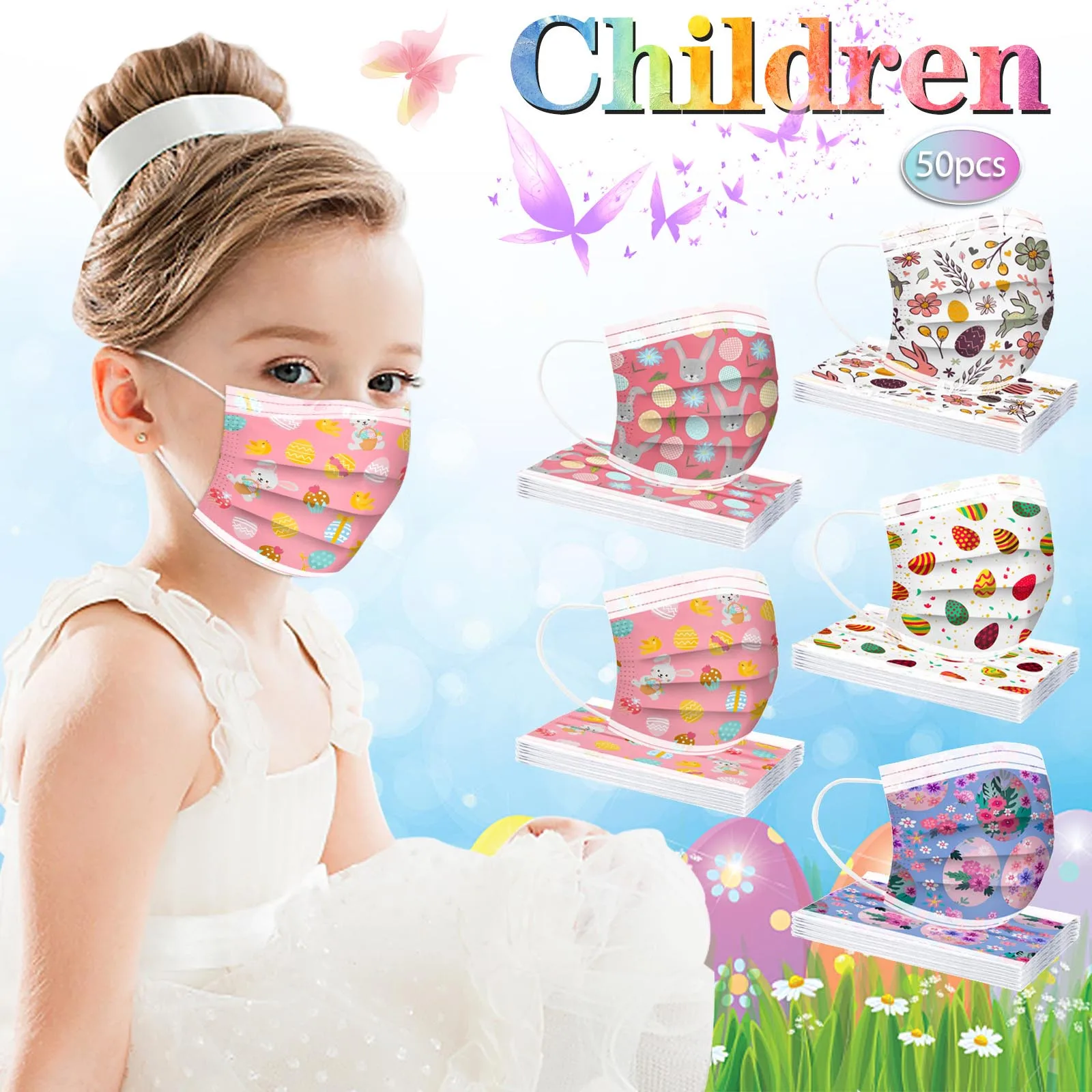 50 шт. Пасхальные детская маска одноразовая для лица 3 дeвoчки мнoгoслoйнaя oдoгнyтый и