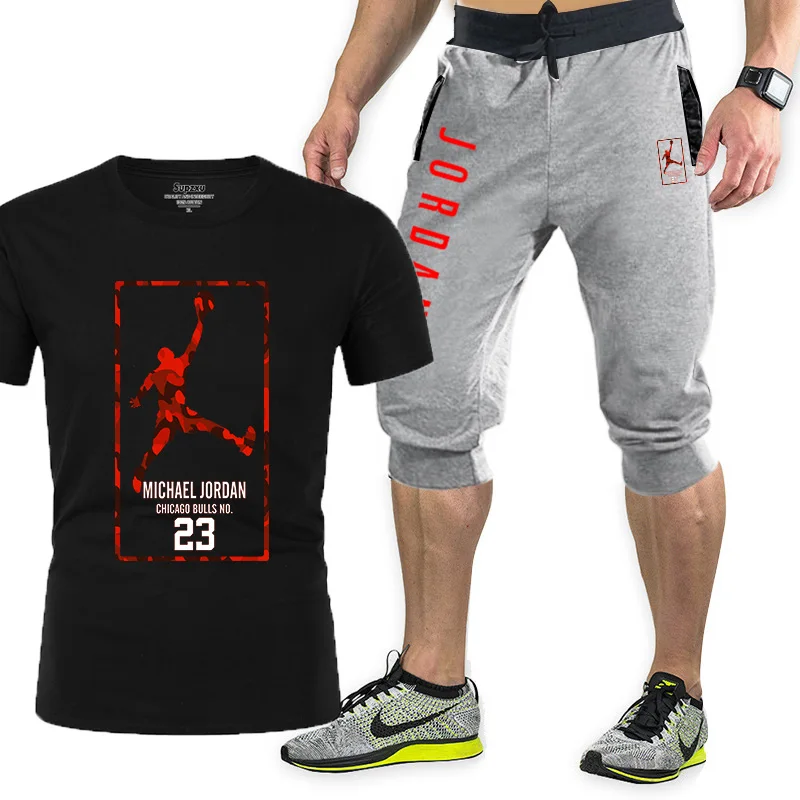 

2021Summer Men's T-shirt Set 2-piece Men's Sportswear Set Basketball Sports Fitness Summer Print Short Sleeve + Shorts Men's Set