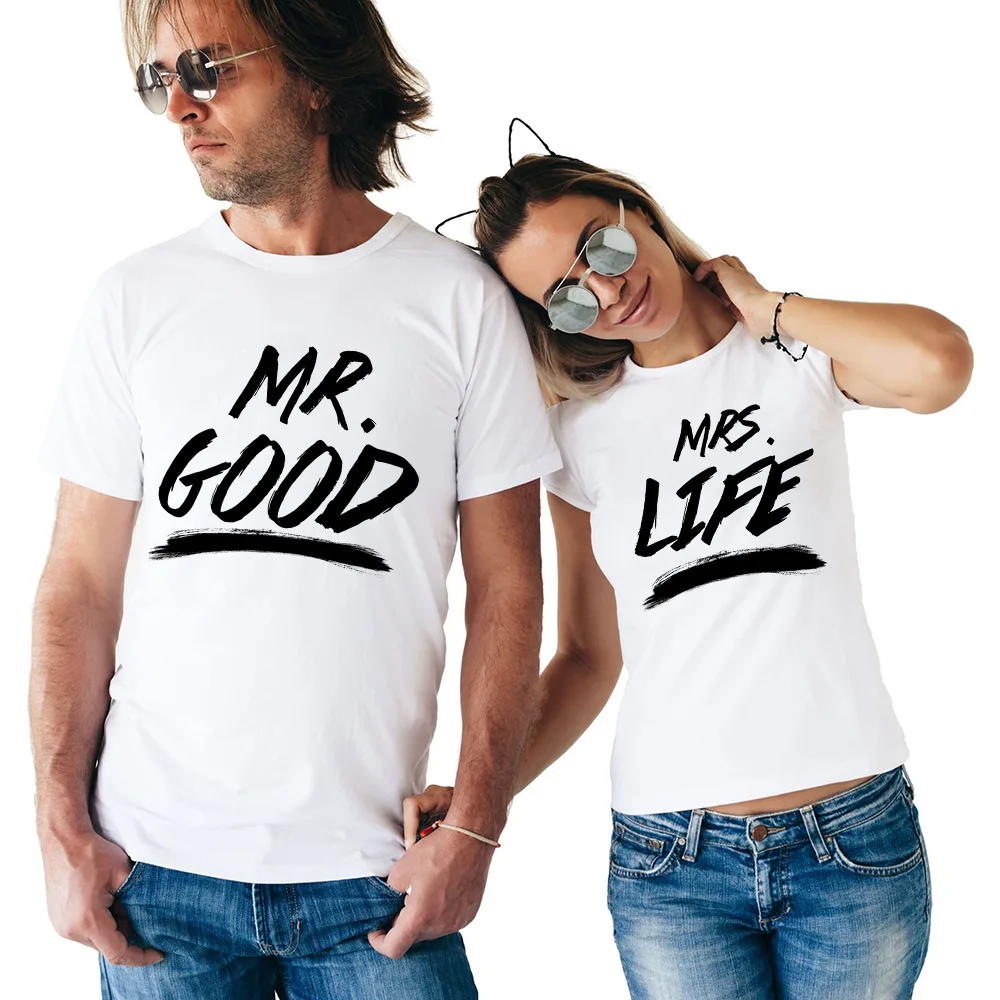 

Король Королева пары Футболка Mr Good Mrs Life печать парные футболки летние модные женские футболки повседневные o-образный вырез Топы