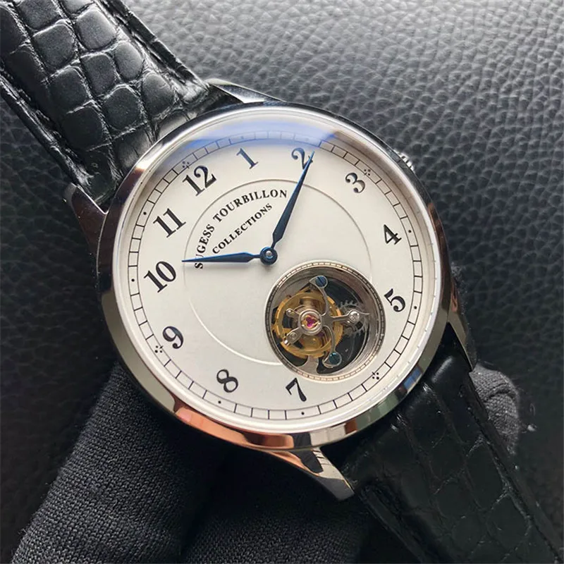 Tourbillon seagull Move Мужские t st8000 Мужские механические часы модные из натуральной крокодиловой кожи мужские наручные часы с кожаным ремешком 50 м водонепроницаемые - Цвет: Черный