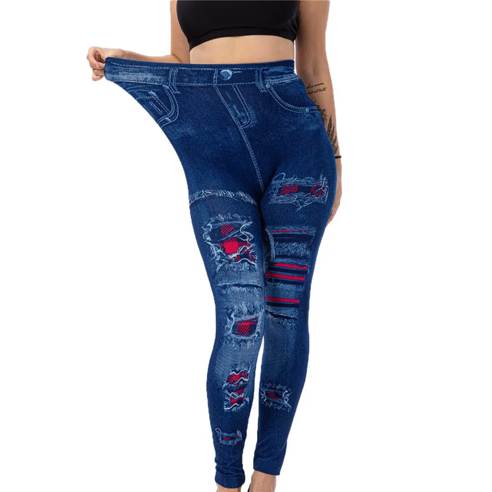 

Seamless Legging Women High Waist Faux Ripped Print Jeans Lady Slim Push Up Butt Lift Sweatpants Elastic Yoga Jogging Leggings