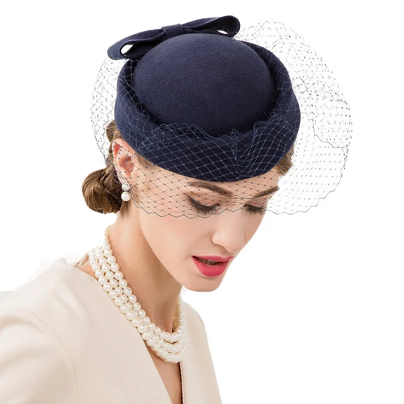 Королевские синие Свадебные шляпы и вуалетки 100% шерсть Pillbox Hat с вуалью