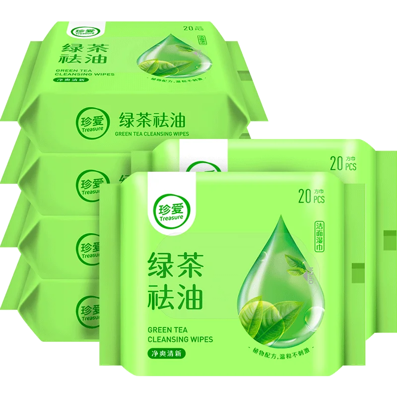 

6 Bags 120 Count Treasure Green Tea Extract Facial & Hands Wipes Nonwoven Wet Tissue Alcohol Free
