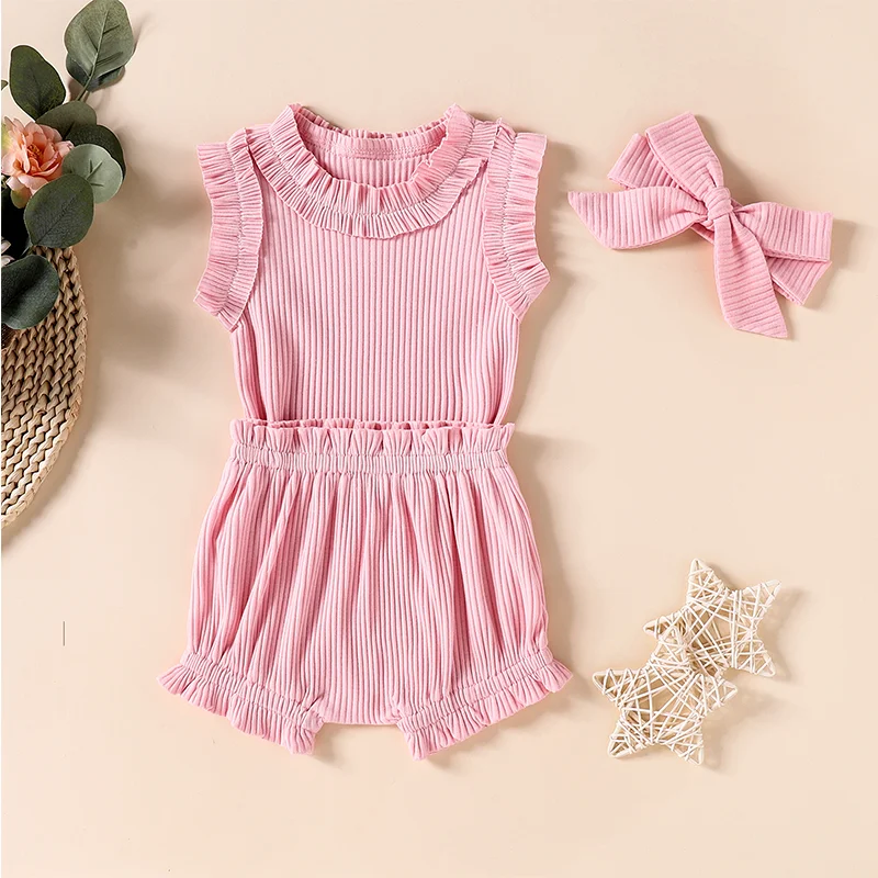 

2021 Summer Girls Clothes 0 To 3 Years Old Infant Cotton Pits Solid Color Ruffled Romper + Shorts + Headband 3Pcs Set Baby Suit