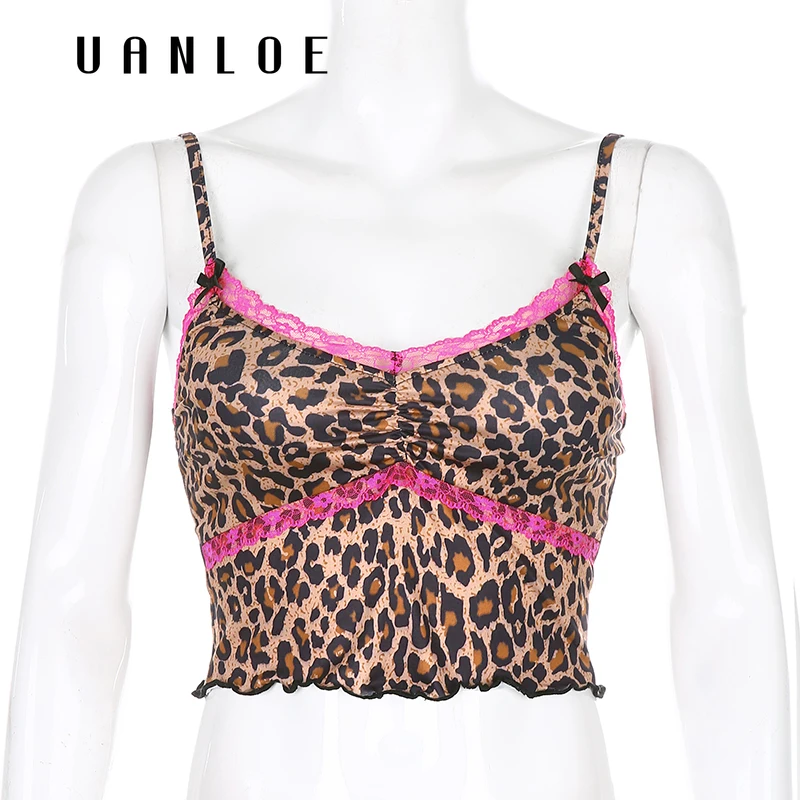 

Leopard Print Sexy Ruffles Lace Patchwork Camisole Streetwear Retro 90s Summer Spaghetti Strap Crop Tops Women y2k Camis