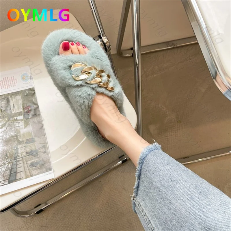 

Metal chain thick-soled wool slippers women's plus size all-match flat-heeled warm flip-flop women womens shoes home sandals