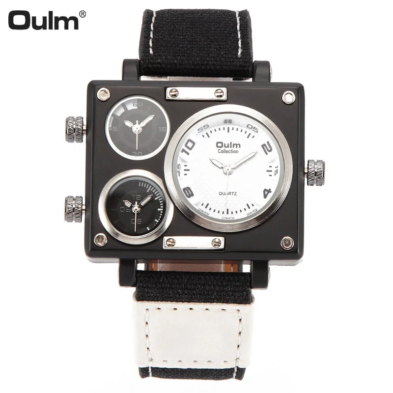 Oulm Men Watch Fashion Sport Canvas Fabric Rectangle Case Double Time Quartz Watches Military Wristwatches | Наручные часы