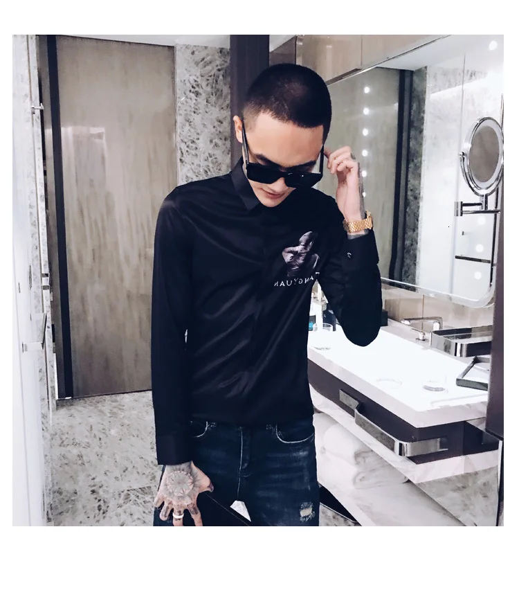 Осенняя мужская рубашка с принтом Camisa Hombre Повседневная приталенная рубашка Мужская Уличная рубашка Camisas Hombre черный смокинг для ночного клуба